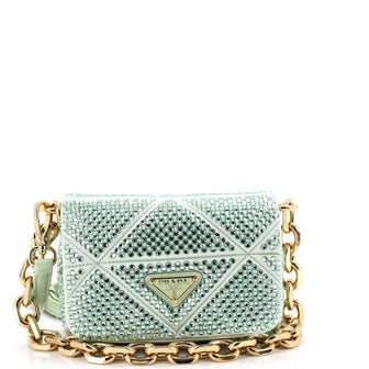 Prada Triangle Chain Flap Bag Crystal Embellished Quilted Satin