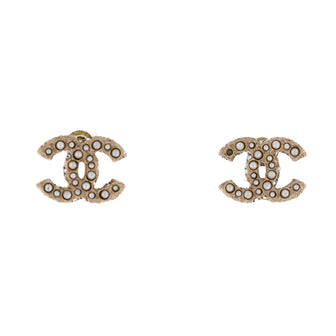Chanel CC Stud Earrings Metal with Faux Pearls
