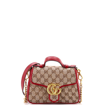 Gucci GG Marmont Top Handle Flap Bag Diagonal Quilted GG Canvas with Leather Mini