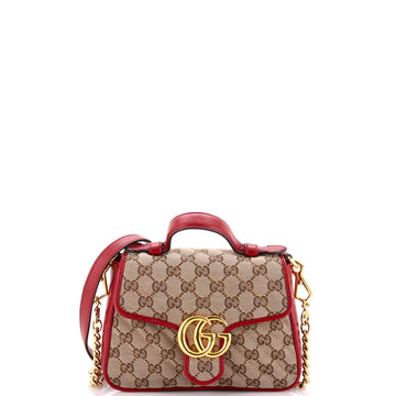 Gucci GG Marmont Top Handle Flap Bag Diagonal Quilted GG Canvas with Leather Mini
