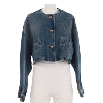 Prada Women's Triangle Logo Collarless Cropped Button Up Jacket Denim