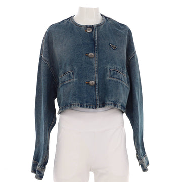 Prada Women's Triangle Logo Collarless Cropped Button Up Jacket Denim