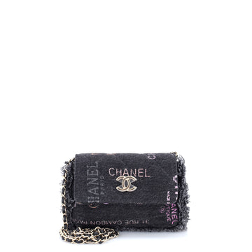Chanel Denim Mood Flap Clutch with Chain Logo Printed Quilted Fringe Denim