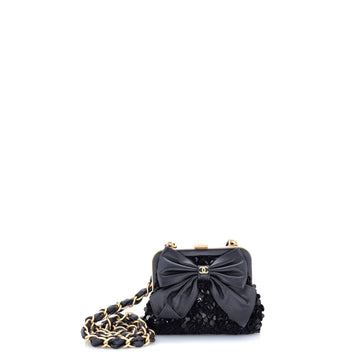 Chanel Bow Frame Clutch With Chain Sequin Embellished Tweed with Leather Mini