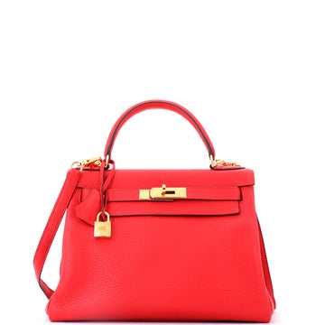 Hermes Kelly Handbag Red Clemence with Gold Hardware 28