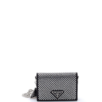 Prada Flap Card Holder with Chain Satin with Crystals