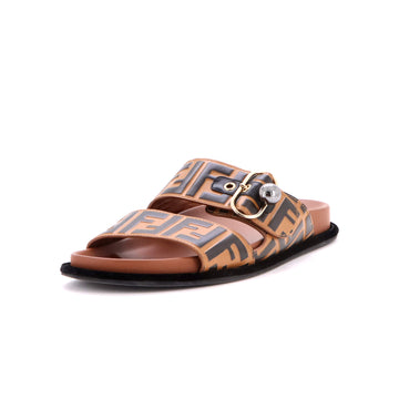 Fendi Women's Buckle Strap Slide Sandals Zucca Embossed Leather