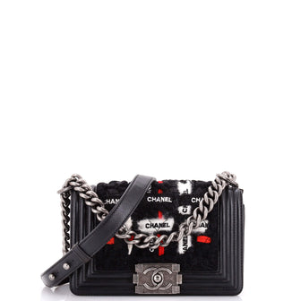 Chanel Boy Flap Bag Quilted Logo Ribbon and Tweed Small