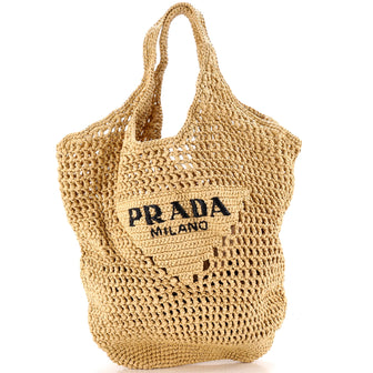 Prada Triangle Logo Bucket Tote Raffia Small