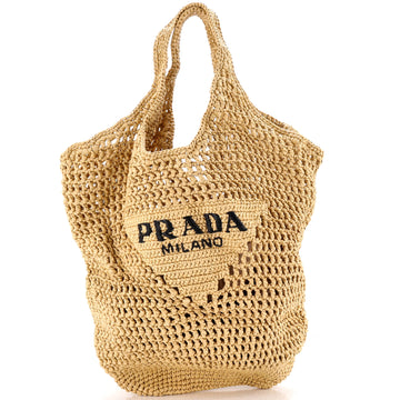 Prada Triangle Logo Bucket Tote Raffia Small