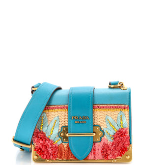Prada Cahier Crossbody Bag Embroidered Straw with Leather Small