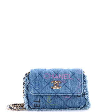 Chanel Denim Mood Flap Clutch with Chain Logo Printed Quilted Fringe Denim