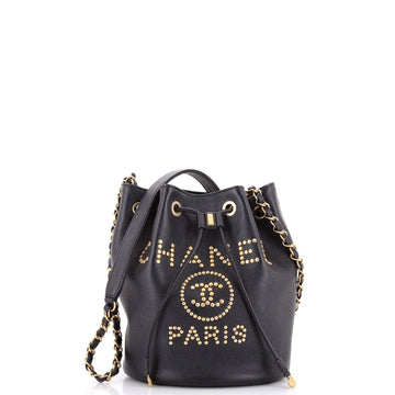 Chanel Deauville Drawstring Bucket Bag Studded Caviar Medium