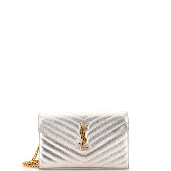 Saint Laurent Classic Monogram Wallet on Chain Matelasse Chevron Metallic Leather Medium