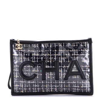 Chanel Logo Wristlet Clutch PVC Over Quilted Tweed Large