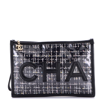 Chanel Logo Wristlet Clutch PVC Over Quilted Tweed Large