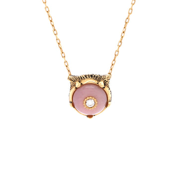 Gucci Le Marche Des Merveilles Feline Head Pendant Necklace 18k Yellow Gold with Pink Opal and Diamond