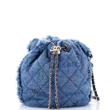 Chanel Denim Mood Chain Bucket Bag Logo Printed Quilted Fringe Denim Medium