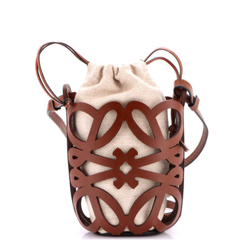 Loewe Anagram Drawstring Bucket Crossbody Bag Leather with Canvas Mini