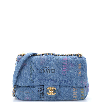 Chanel Denim Mood Flap Bag Logo Printed Quilted Denim Large