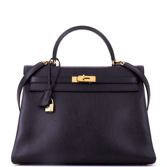 Hermes Kelly Handbag Black Ardennes with Gold Hardware 35