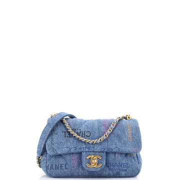 Chanel Denim Mood Flap Bag Logo Printed Quilted Denim Small