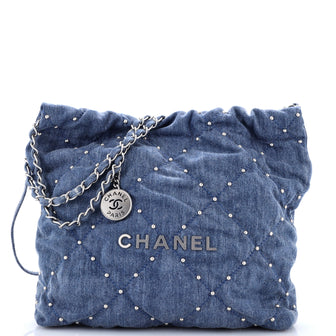 Chanel 22 Chain Hobo Quilted Studded Denim Small