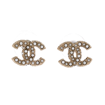 Chanel CC Stud Earrings Faux Pearls and Crystal Embellished Metal