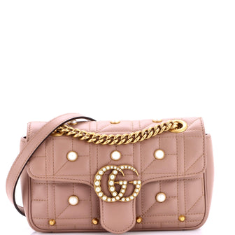 Gucci Pearly GG Marmont Flap Bag Embellished Matelasse Leather Mini