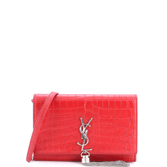 Saint Laurent Classic Monogram Tassel Chain Wallet Crocodile Embossed Leather
