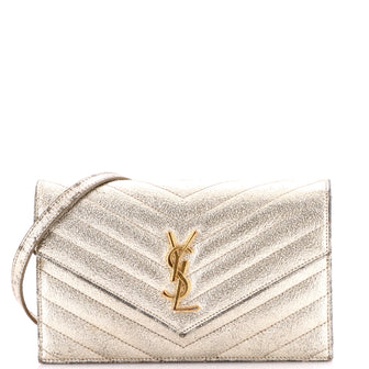 Saint Laurent Classic Monogram Wallet on Chain Matelasse Chevron Metallic Leather Medium