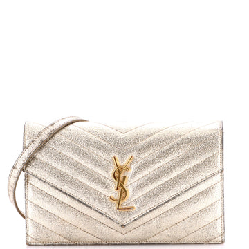 Saint Laurent Classic Monogram Wallet on Chain Matelasse Chevron Metallic Leather Medium
