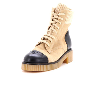 Chanel Women's CC Cap Toe Combat Boots Quilted Suede with Leather