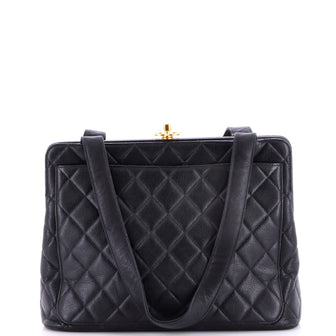 Chanel Vintage Kisslock Frame Tote Quilted Caviar Large