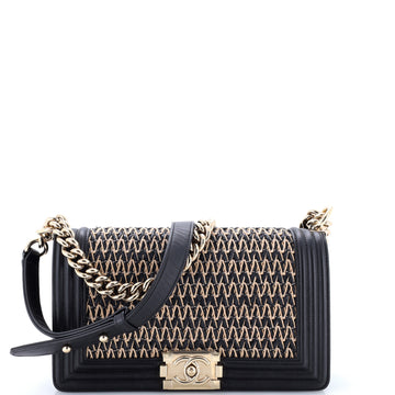 Chanel Boy Flap Bag Chevron Woven Raffia and Leather Old Medium