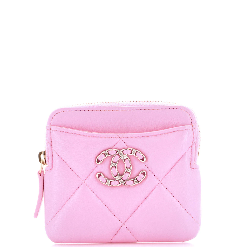 シャネル　ピンク　lovelover Chanel 19 Square Zip Around Card Holder Wallet Quilted Lambskin 436507