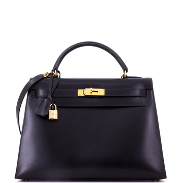 Hermes Kelly Handbag Black Box Calf with Gold Hardware 32