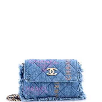 Chanel Denim Mood Flap Clutch with Chain Logo Printed Quilted Fringe Denim