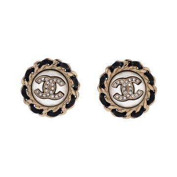 Chanel Chain Around CC Stud Earrings Metal with Leather and Crystals