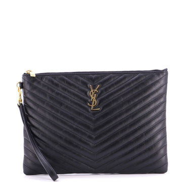 Saint Laurent Classic Monogram Wristlet Pouch Matelasse Chevron Leather Medium
