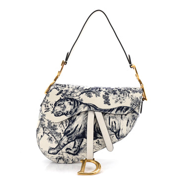 Christian Dior Toile De Jouy Saddle Bag Embroidered Leather Medium