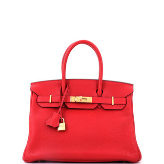 Hermes Birkin Handbag Red Clemence with Gold Hardware 30