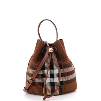 Burberry TB Drawstring Bucket Bag Check Knitted Fabric Small