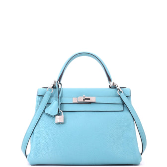 Hermes Kelly Handbag Blue Clemence with Palladium Hardware 28