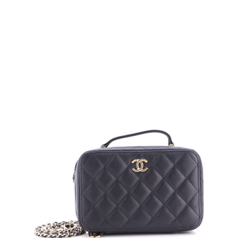 Chanel CC Zip Around Top Handle Vanity Case with Chain Quilted Caviar Small