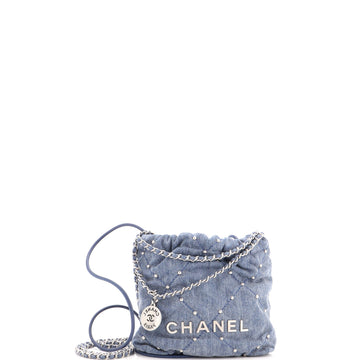 Chanel 22 Chain Hobo Quilted Studded Denim Mini