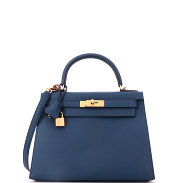Hermes Kelly Handbag Blue Epsom with Gold Hardware 28