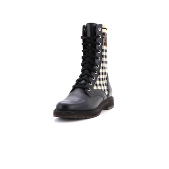 Fendi Women's Rockoko Combat Boots Leather and Zucca Knit Stretch Fabric