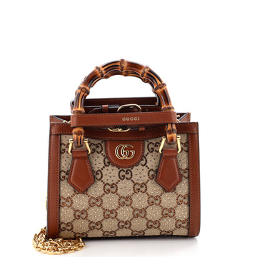 Gucci Diana NM Bamboo Handle Tote Crystal Embellished GG Canvas Mini