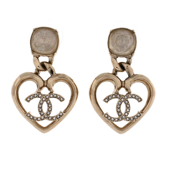 Chanel CC Dangle Heart Earrings Metal with Crystal and Glass Pearl